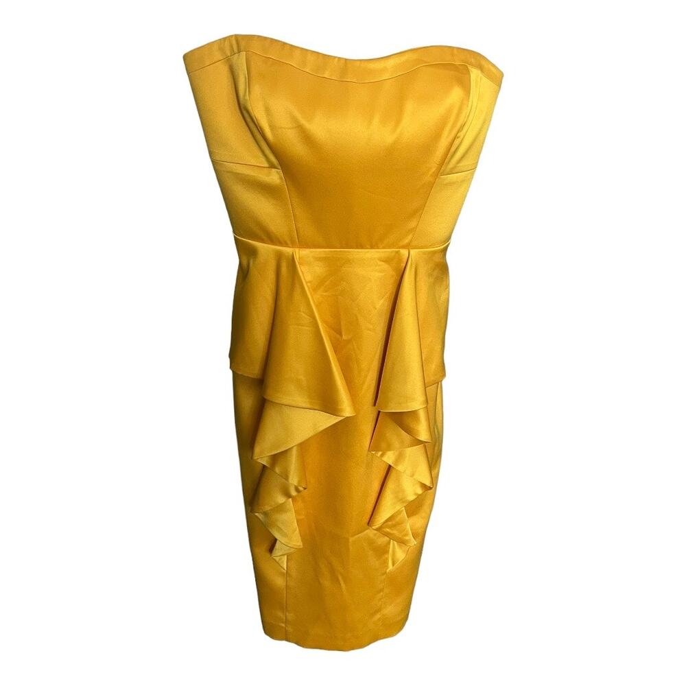 Jessica Simpson golden yellow satin strapless dress with flounce pleats size 8